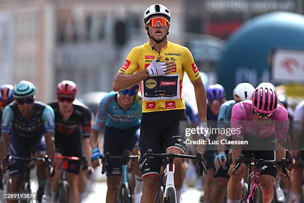 Jonathan Milan of Italy and Team Lidl - Trek - Yellow leader jersey celebrates at finish line as stage winner during the 83rd Tour de Pologne 2026,...