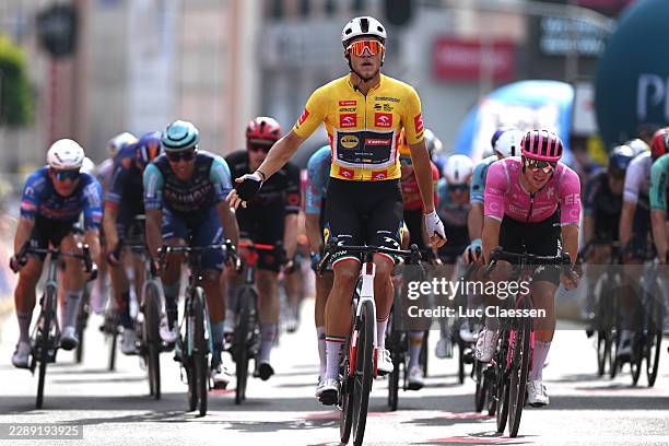 Jonathan Milan of Italy and Team Lidl - Trek - Yellow leader jersey celebrates at finish line as stage winner during the 83rd Tour de Pologne 2026,...