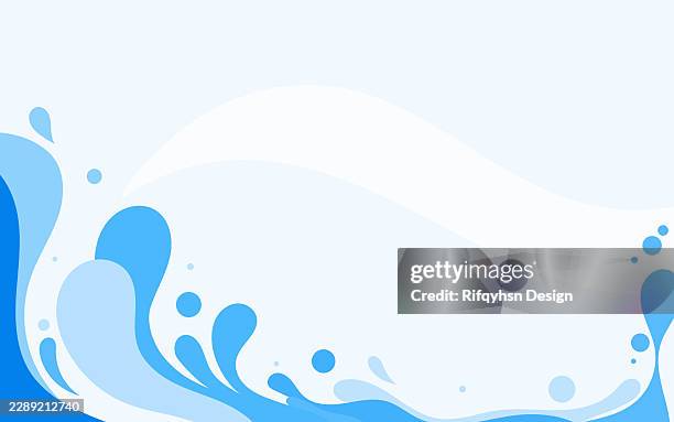 turquoise and blue water wave splash vector illustration. abstract liquid flowing drop, spray, bubble, and swirl pattern on white background for web page header, summer sale banner, juice, and drink logo - puddle splashing stock illustrations