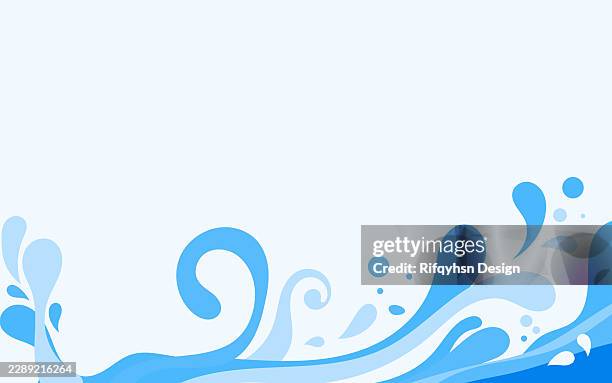 turquoise and blue water wave splash vector illustration. abstract liquid flowing drop, spray, bubble, and swirl pattern on white background for web page header, summer sale banner, juice, and drink logo - puddle splashing stock illustrations