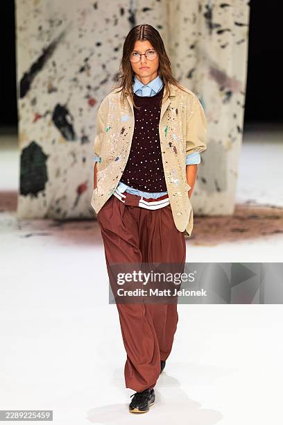 Model walks the runway during the MUNTHE show at Copenhagen Fashion Week Spring/Summer 2027 on August 05, 2026 in Copenhagen, Denmark.