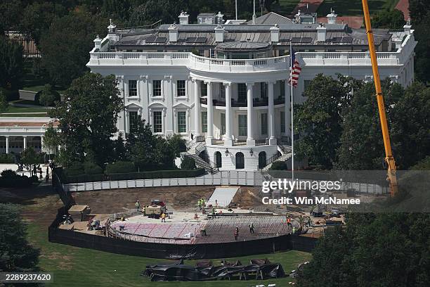 Construction of a new helipad on the South Lawn of the White House continues on August 05, 2026 in Washington, DC. Portions of the nearly completed...