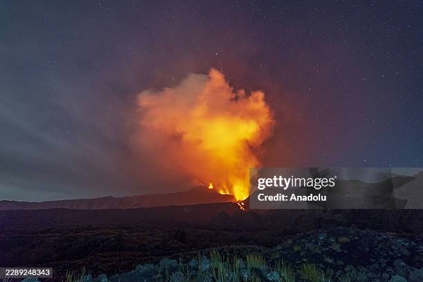 Mount Etna's eruptive phase persists with fluctuating explosive dynamics at the Voragine summit crater in Catania, Sicily, Italy on August 10, 2026....