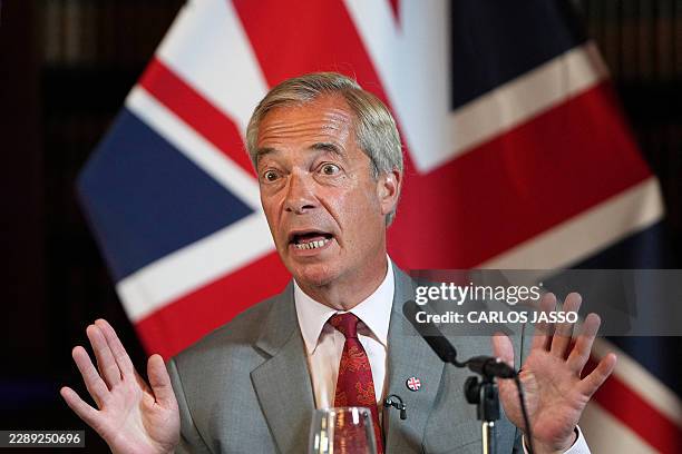 Reform UK Leader Nigel Farage attend a press conference in central London on August 10 days ahead of the Clacton by-election in eastern England.