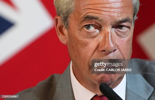 Reform UK Leader Nigel Farage attend a press conference in central London on August 10 days ahead of the Clacton by-election in eastern England.