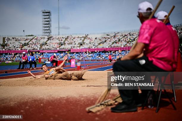 Germany's Kevin Brucha competes in the men's long jump qualifier during the European Athletics Championships at Alexander Stadium in Birmingham on...