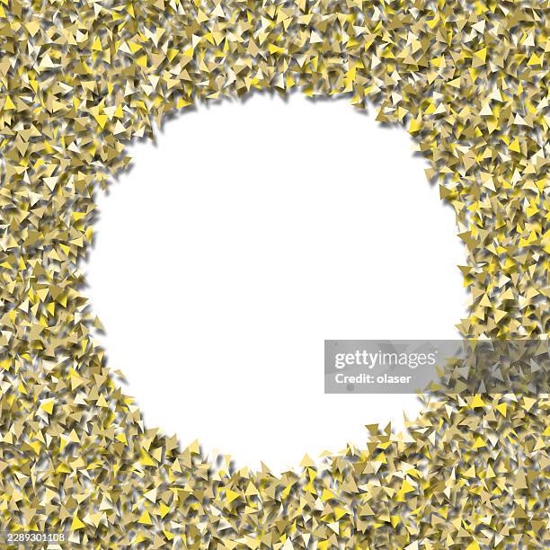 a bright white circular center is surrounded by a dense border of gold and silver triangular fragments, creating a sparkling metallic frame with ample copy space. - construction paper stock illustrations