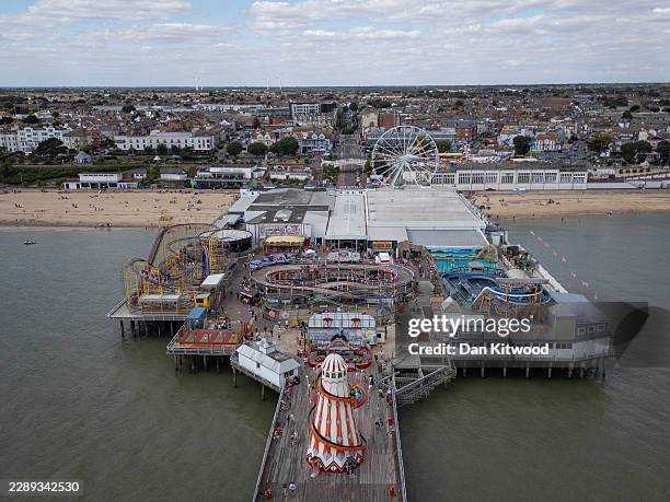 An aerial view view of Clacton Pier on August 06, 2026 in Clacton-on-Sea, England. The Clacton by-election is set to take place on August 13, after...
