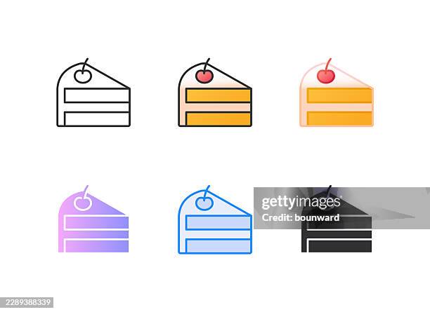 cake slice, dessert and cake, cheesecake icon. 6 different styles. editable stroke. - pie slice stock illustrations
