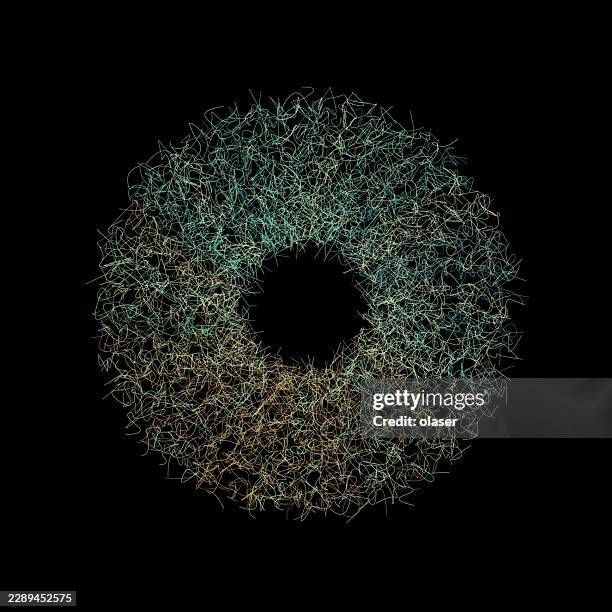 a circular ring of thin multicolored scribble-like lines floats on a black background, leaving an empty dark center and creating a delicate, textured halo effect. - circle shape stock illustrations