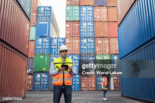 Logistics Engineer Using Digital Tablet Inspecting Container Yard Supply Chain Efficiency Logistics Engineer Using Digital Tablet Inspecting Container Yard Supply Chain Efficiency