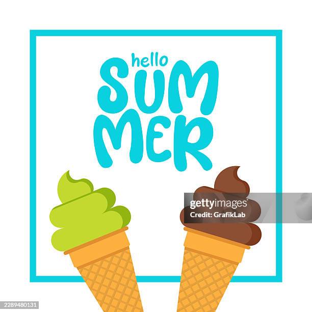 hello summer typography and framed double cone ice cream design - nuts isolated stock illustrations