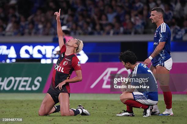 Yuma Suzuki of Kashima Antlers celebrates the victory at the end of the J.LEAGUE MEIJI YASUDA J1 1st sec. Match between Yokohama F・Marinos and...