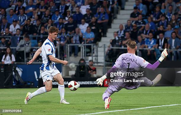 Sebastian Gronning of Hertha BSC scores his side's first goal during the 2. Bundesliga 2026/27 match between VfL Bochum 1848 and Hertha BSC at...