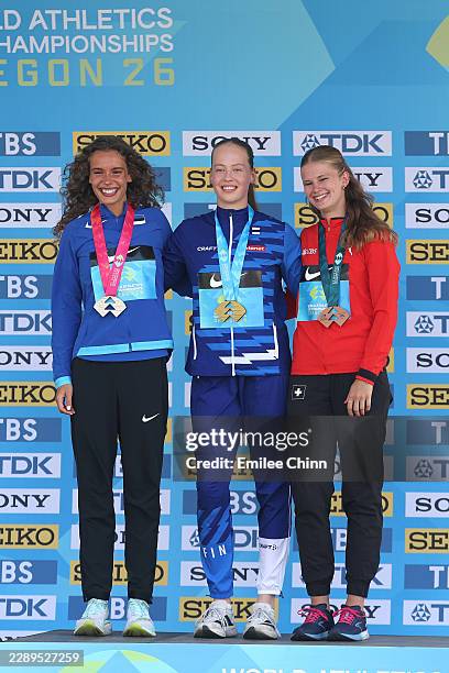 Heptathlon silver medalist Mia Mireia Uusorg of Team Estonia, gold medalist Enni Virjonen of Team Finland and bronze medalist Anna Pfister of Team...