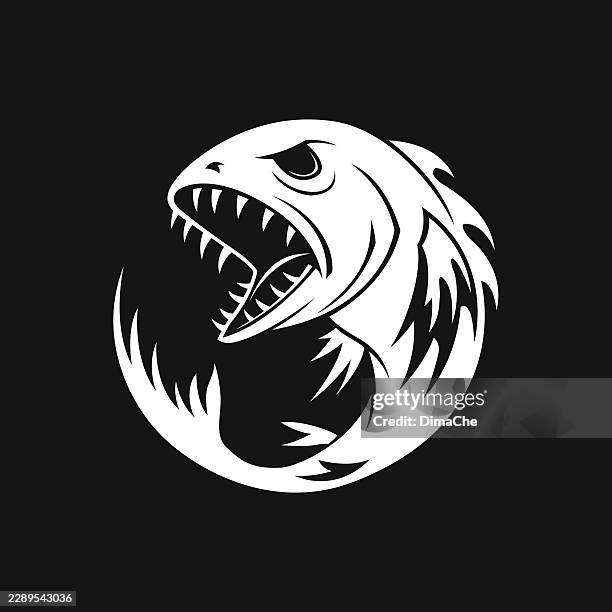 fish with sharp teeth - angry fish silhouette, icon, tattoo, sticker - fish skeleton stock illustrations