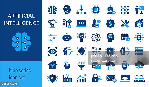 artificial intelligence icon set – blue series vector collection featuring neural network, machine learning, robotics and data technology symbols representing innovation and digital intelligence concepts - robotics class stock illustrations