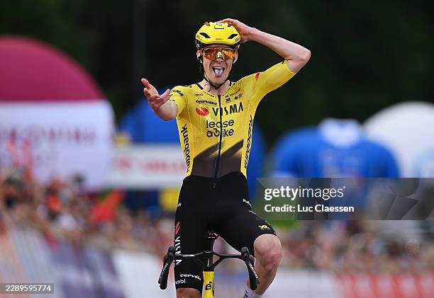 Louis Barre of France and Team Visma | Lease a Bike celebrates at finish line as stage winner during the 83rd Tour de Pologne 2026, Stage 6 a 125.5km...