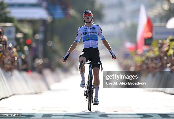 Demi Vollering of Netherlands and Team FDJ United - SUEZ celebrates at finish line as stage winner during the 5th Tour de France Femmes 2026, Stage 8...