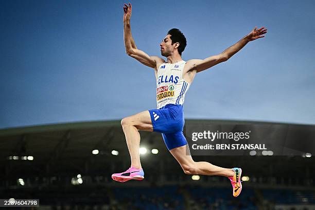 Greece's Miltiadis Tentoglou competes in the men's long jump final during the European Athletics Championships at Alexander Stadium in Birmingham on...