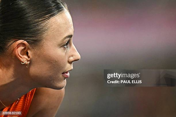 Gold medallist Netherlands' Nadine Visser reacts after winning the women's 100m hurdles final during the European Athletics Championships at...