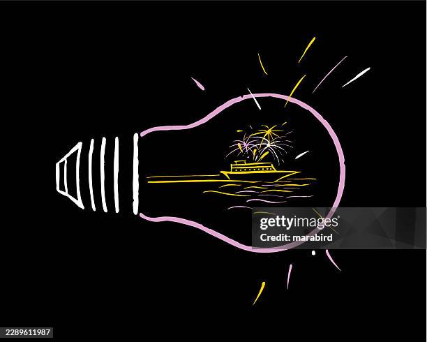 surreal lightbulb containing cruise ship scene - light bulb dark background stock illustrations