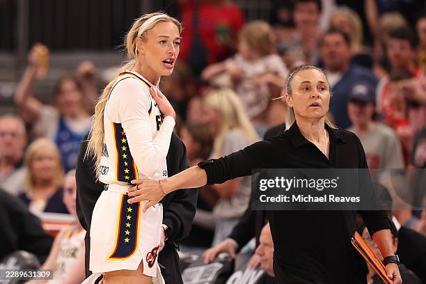 Sophie Cunningham of the Indiana Fever reacts after a scuffle with DiJonai Carrington of the Chicago Sky during the first half at United Center on...