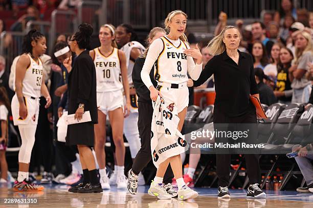 Sophie Cunningham of the Indiana Fever reacts after a scuffle with DiJonai Carrington of the Chicago Sky during the first half at United Center on...
