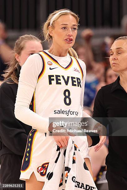 Sophie Cunningham of the Indiana Fever reacts after a scuffle with DiJonai Carrington of the Chicago Sky during the first half at United Center on...