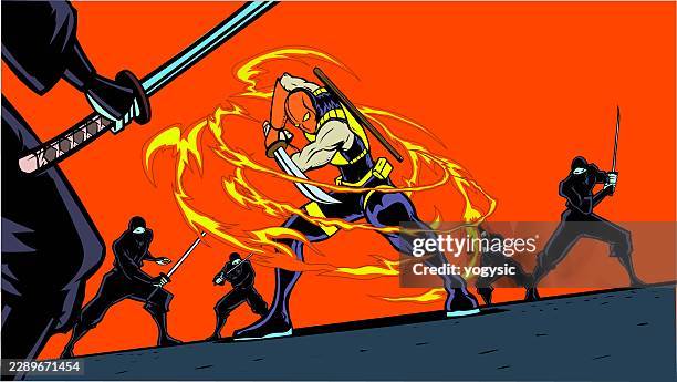 ninja warrior surrounded by enemies in fiery comic style battle vector illustration - graphic novel stock illustrations