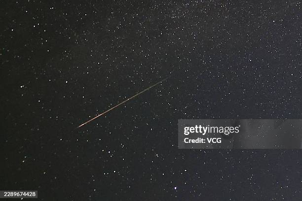Perseid meteor shower lights up the night sky on August 9, 2026 in Dezhou, Shandong Province of China.