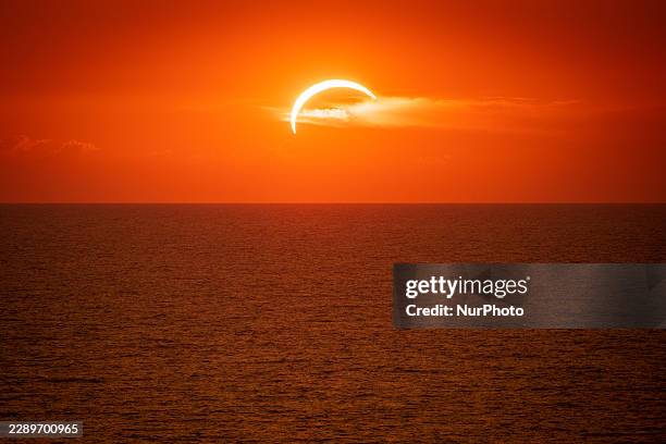 Solar Eclipse over the Mediterranean Sea in seen from Piombino, Tuscany, Italy, on August 12th, 2026. The eclipse reached approximately 95% solar...
