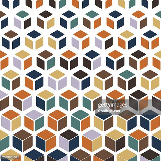 geometric pattern of repeated cube-like shapes in navy, orange, gold, brown, teal, and lavender on a white background, creating a clean, rhythmic tiled design. - isometric cube stock illustrations