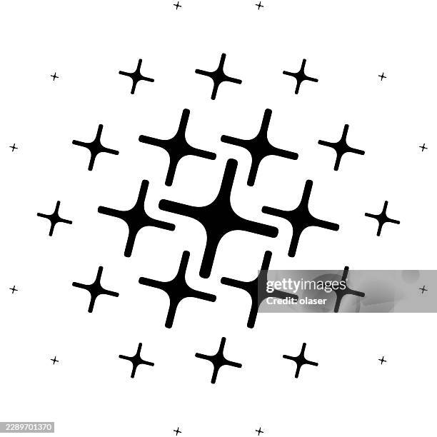 black four-point star shapes arranged in a loose circular pattern on a white background, creating a simple repeating graphic design with high contrast and balanced spacing. - star pattern stock illustrations