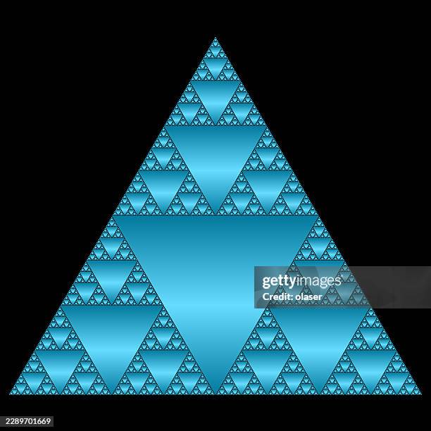 blue geometric triangle fractal on a black background, featuring repeating triangular patterns and smooth gradient shading that creates a crisp, symmetrical, decorative digital design. - fibonacci stock illustrations