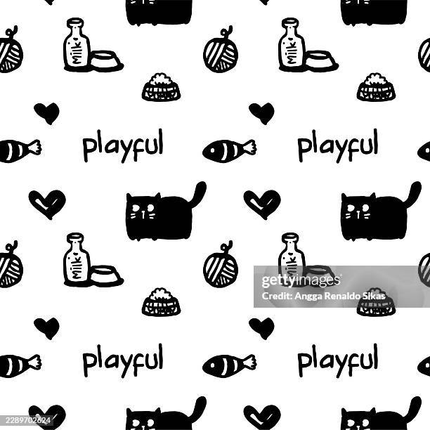 cute little chubby black cat doodle seamless pattern - yarn stock illustrations