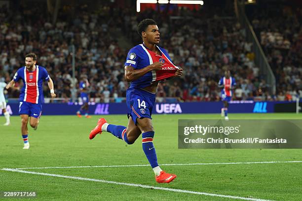 Desire Doue of Paris Saint-Germain celebrates scoring a goal to make the score 2-1 during the UEFA Super Cup 2026 match between Paris Saint-Germain...