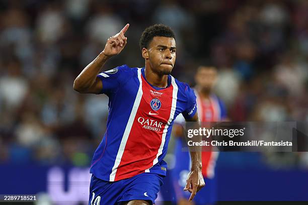 Desire Doue of Paris Saint-Germain celebrates scoring a goal to make the score 2-1 during the UEFA Super Cup 2026 match between Paris Saint-Germain...