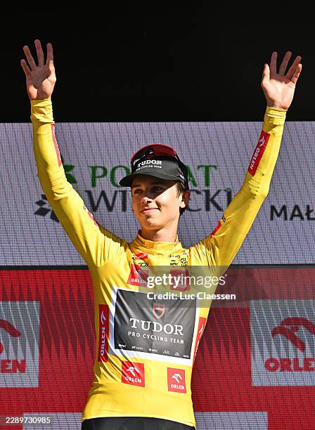 Marco Brenner of Germany and Team Tudor Pro Cycling celebrates at podium as Yellow Leader Jersey winner during the 83rd Tour de Pologne 2026, Stage 7...