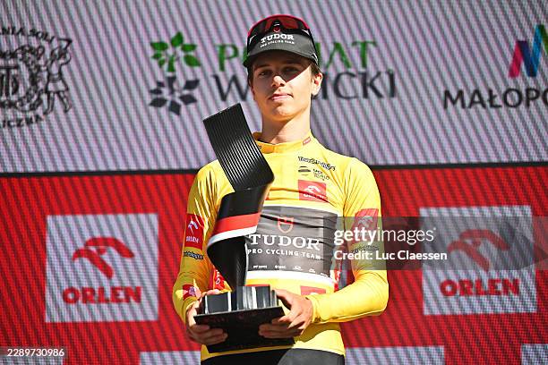 Marco Brenner of Germany and Team Tudor Pro Cycling celebrates at podium as Yellow Leader Jersey winner during the 83rd Tour de Pologne 2026, Stage 7...