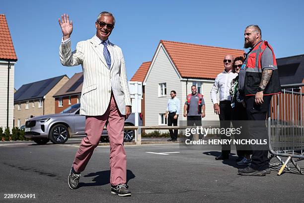 Reform UK leader Nigel Farage arrives to vote in the Clacton by-election, at a makeshift polling station in a primary school in Walton-on-the-Naze,...