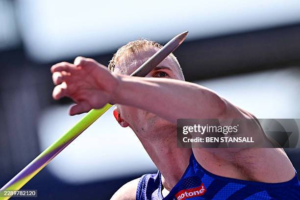 Finland's Oliver Helander competes in the men's javelin throw qualifier during the European Athletics Championships at Alexander Stadium in...