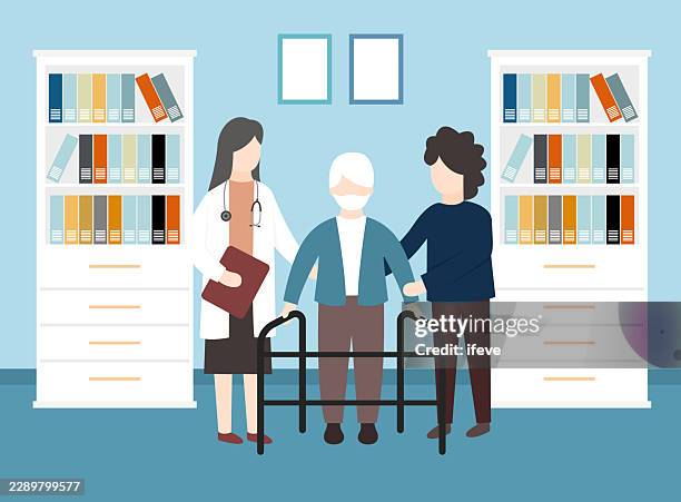 ilustraciones, imágenes clip art, dibujos animados e iconos de stock de ilustración vectorial plana que muestra a un cuidador consultando con familiares y una persona mayor. - centro de rehabilitación