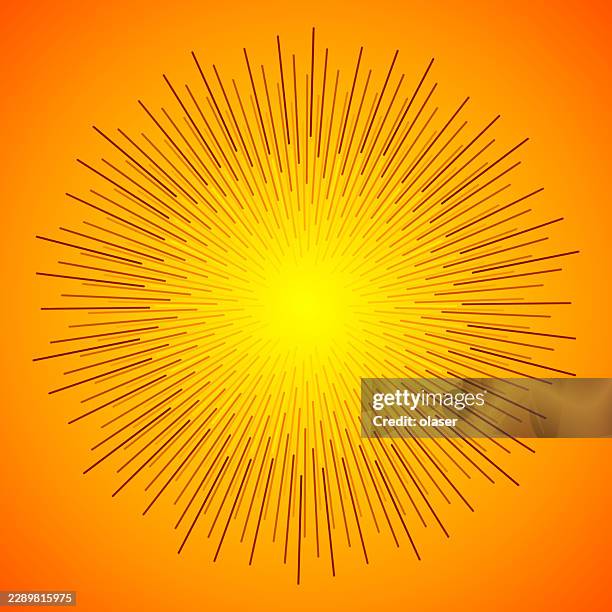 bright yellow sunburst centered on a vivid orange background, with thin dark rays radiating outward in a symmetrical circular pattern and a glowing warm gradient. - glow stick stock illustrations
