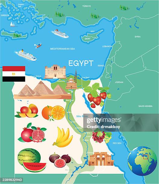 egypt fruits, agriculture and landmarks map vector illustration - kheops pyramid stock illustrations