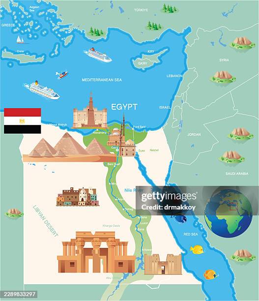 egypt map - abu simbel temple stock illustrations