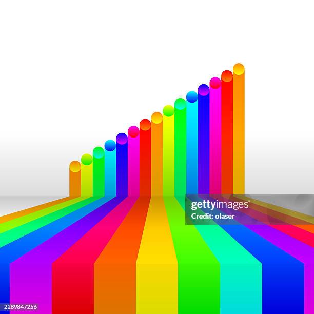 colorful rainbow stripes rise in a stepped pattern from the foreground to the upper right, with glossy circular tops and a clean white background. - bright future stock illustrations