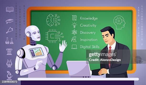 ai teacher and human educator collaborating in a modern smart classroom - futuristic train stock illustrations