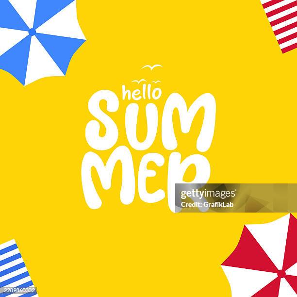 hello summer text and summer beach items design - hello summer stock illustrations