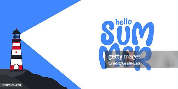 hello summer typography placed inside lighthouse light beam - lighthouse logo stock illustrations